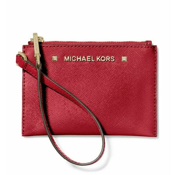 New! MICHAEL KORS Karla Red Leather Small Wristlet With Gift Box - Picture 2 of 8